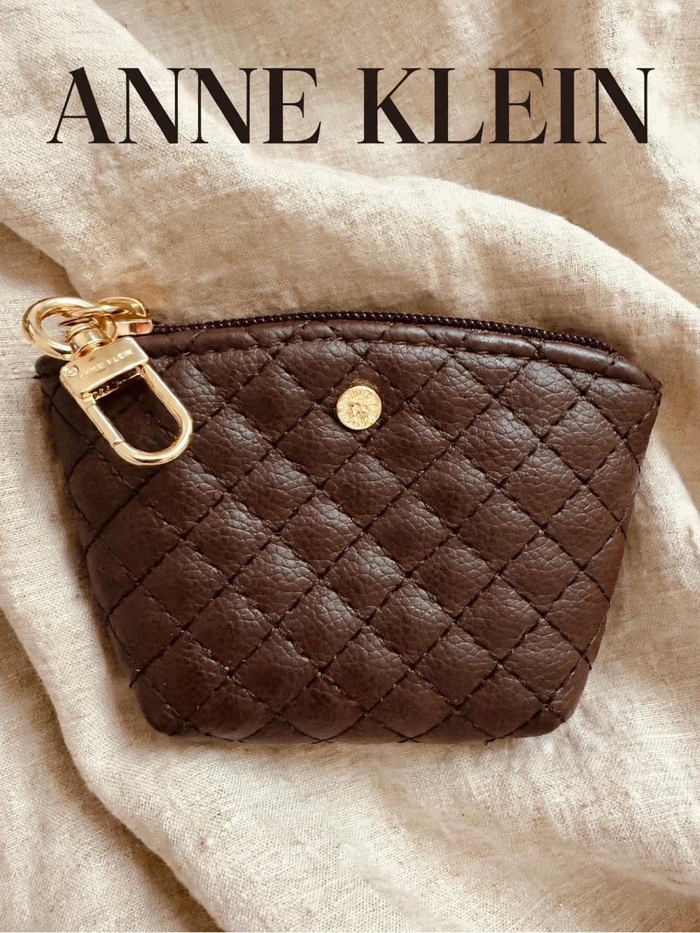 Anne Klein Quilted Chocolate Brown Leather Mini Pouch with Gold Hardware 8.27B